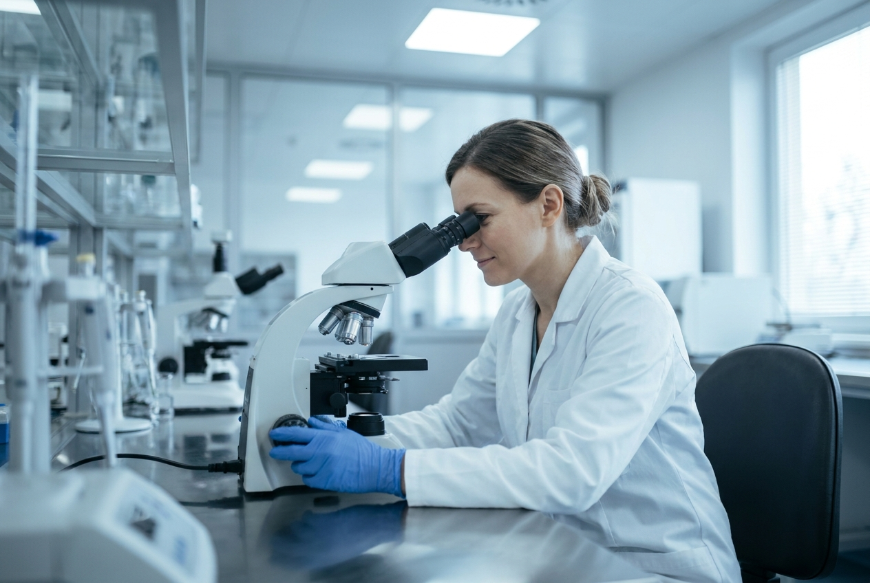 A lab technician examining a sample under a microscope in a hospital laboratory.