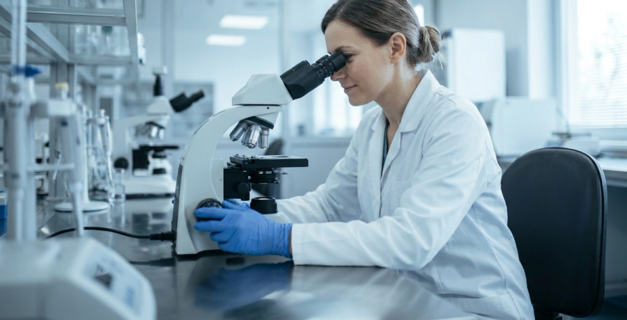 A lab technician examining a sample under a microscope in a hospital laboratory.