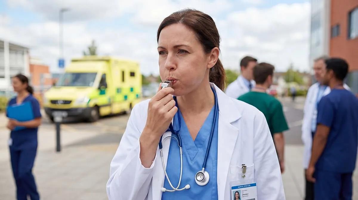 Hospital doctor blowing a whistle outside a hospital with an ambulance in the background