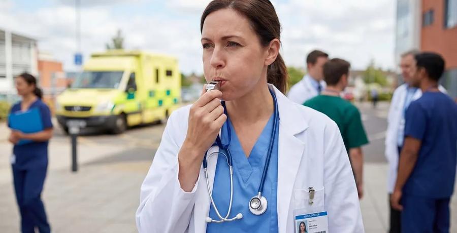 Hospital doctor blowing a whistle outside a hospital with an ambulance in the background