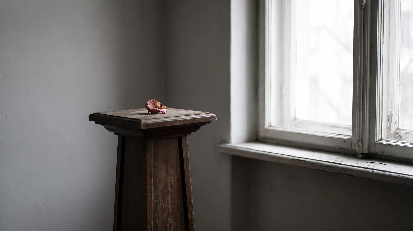 An empty memorial display stand beside a window, symbolizing a funeral home losing a loved one's body or ashes.