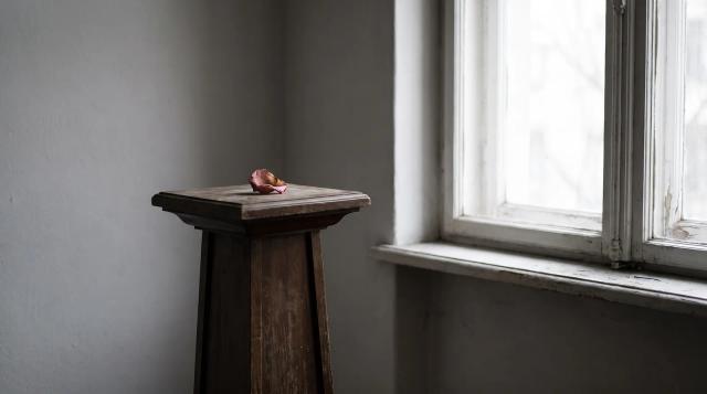 An empty memorial display stand beside a window, symbolizing a funeral home losing a loved one's body or ashes.
