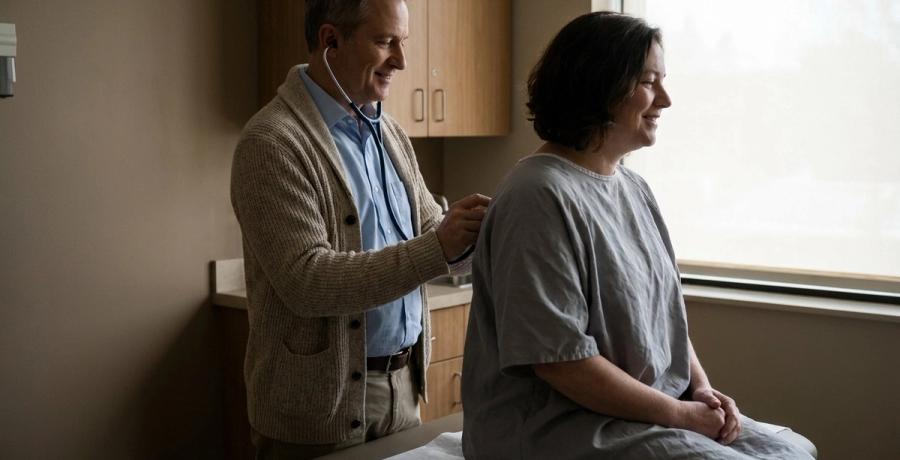 A doctor examining a patient's chest with a stethoscope in a clinic exam room.