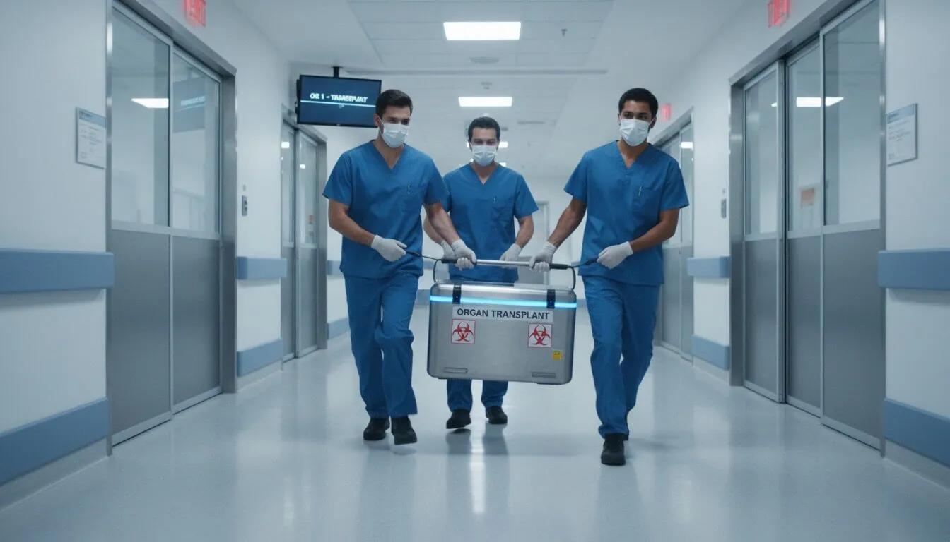 Medical team carrying a labeled organ transplant cooler down a hospital corridor