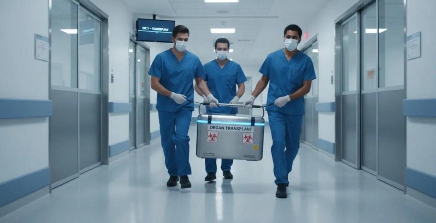 Medical team carrying a labeled organ transplant cooler down a hospital corridor