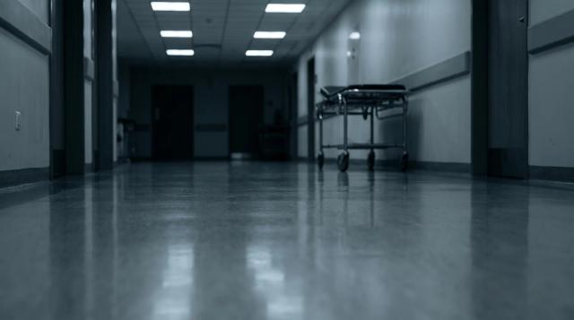 An empty, dimly lit hospital corridor representing organ procurement negligence and end-of-life medical oversight.