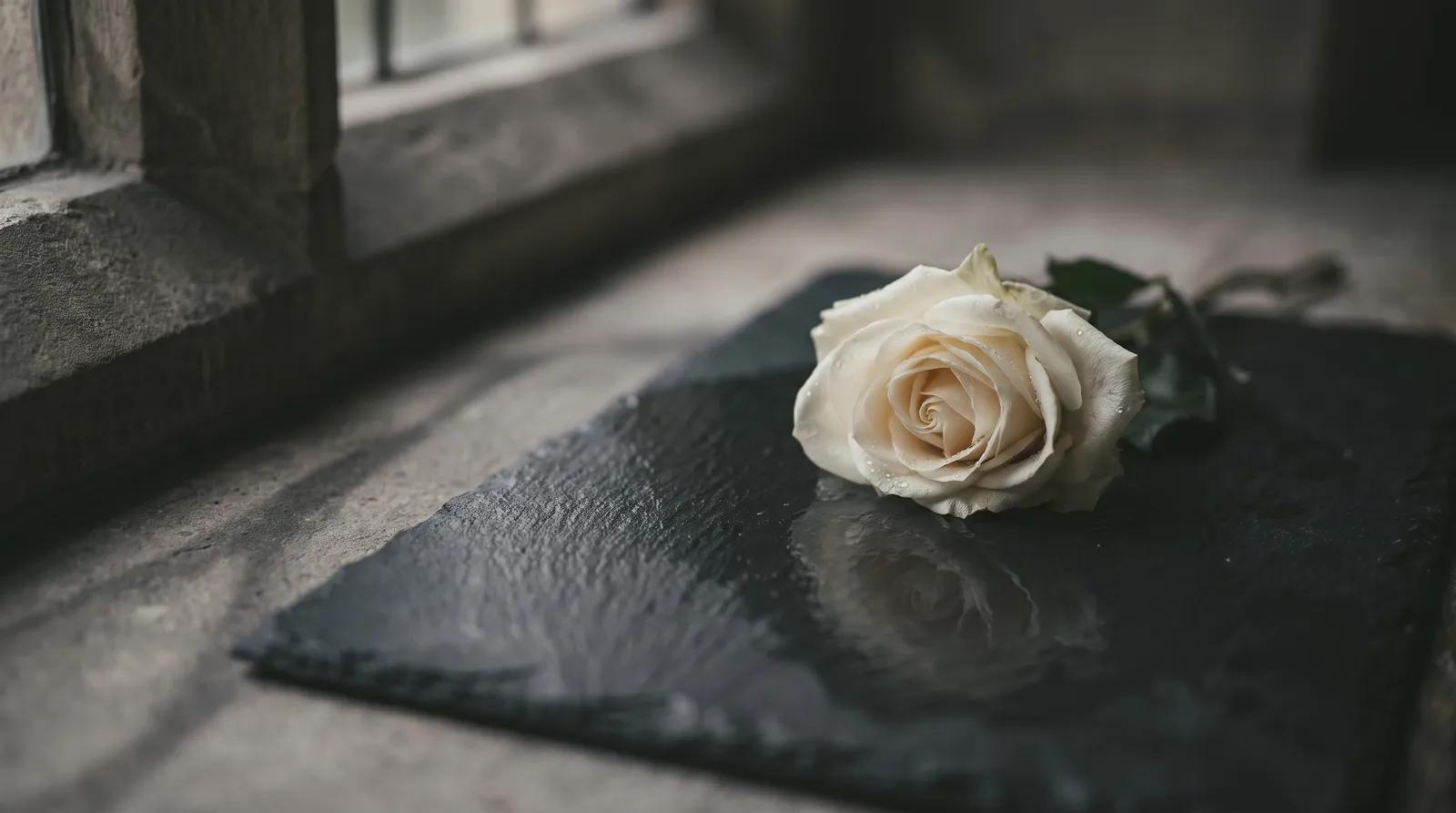 A single white rose resting on dark slate, symbolizing respect for a deceased person whose remains were exploited.