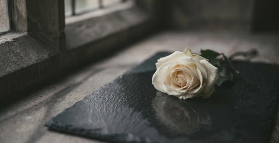 A single white rose resting on dark slate, symbolizing respect for a deceased person whose remains were exploited.