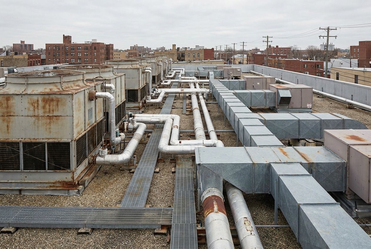 Cooling towers and mechanical equipment on a commercial building rooftop.