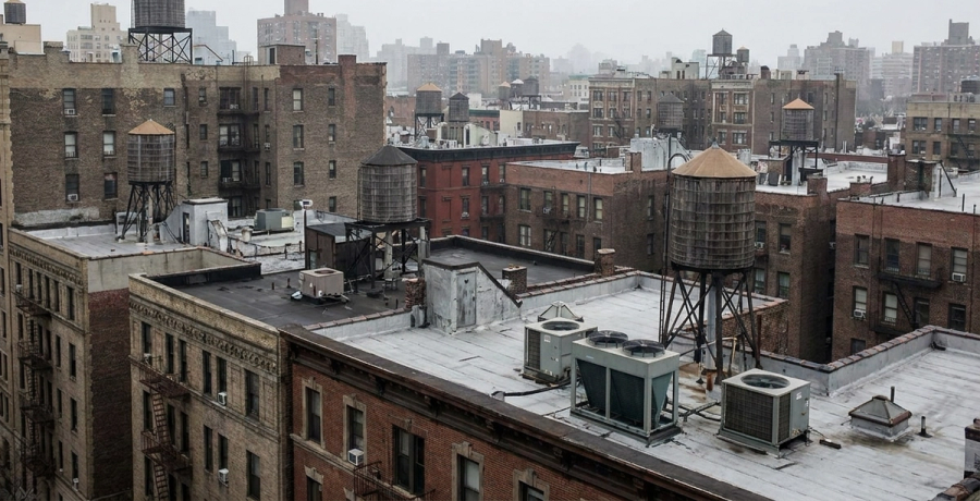 Upper East Side Manhattan rooftops with cooling towers and HVAC units against the skyline.