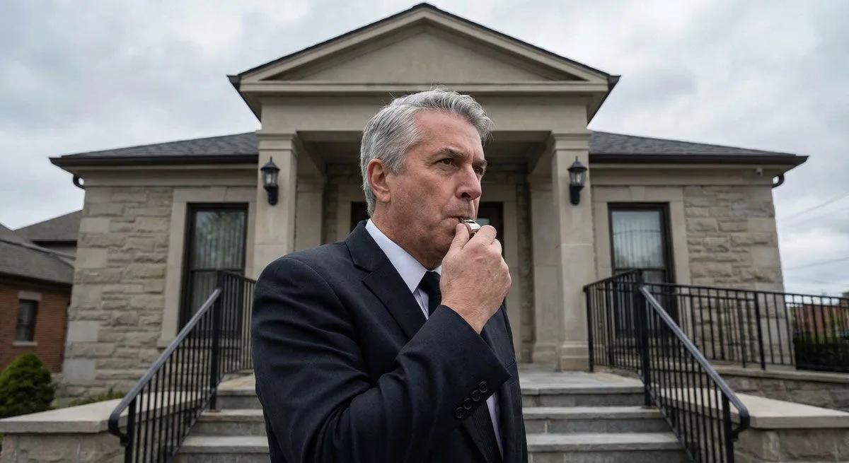 Funeral director blowing a whistle outside a funeral home