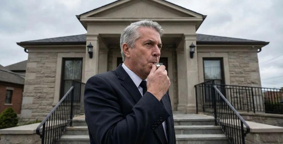 Funeral director blowing a whistle outside a funeral home