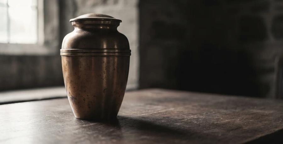 A brass memorial urn resting on a wooden table in soft light, representing the proper handling of cremated remains.