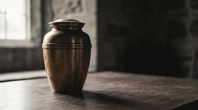 A brass memorial urn resting on a wooden table in soft light, representing the proper handling of cremated remains.