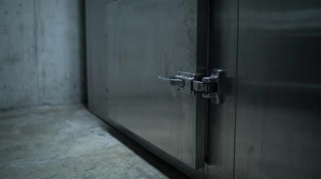 A closed, locked stainless steel mortuary door in dim light, representing a funeral home's duty to protect those in its care.