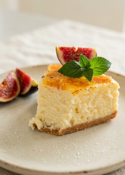 Ein Stück cremiger Crème Brûlée Cheesecake mit Feigen und Minze garniert.