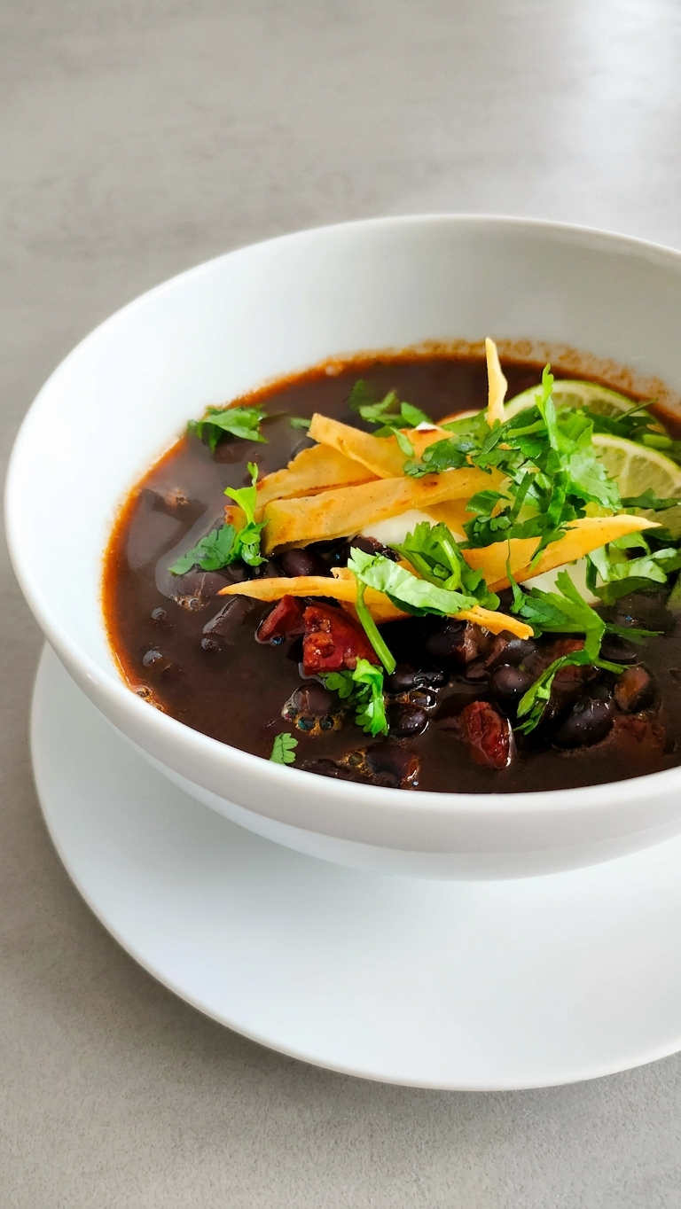 Schwarze Bohnensuppe aus Mittelamerika mit frischem Koriander und Totopos.
