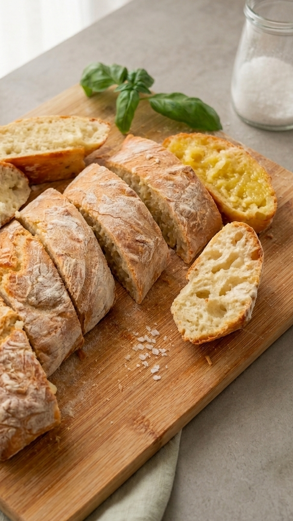 Ein einfaches, knuspriges und selbstgemachtes Baguette/ Brot ohne Kneten auf einem Holzbrett neben etwas Butter.