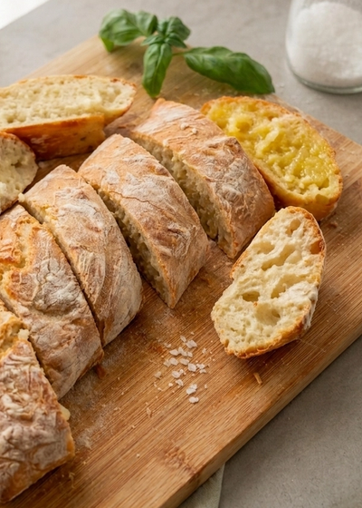 Ein einfaches, knuspriges und selbstgemachtes Baguette/ Brot ohne Kneten auf einem Holzbrett neben etwas Butter.