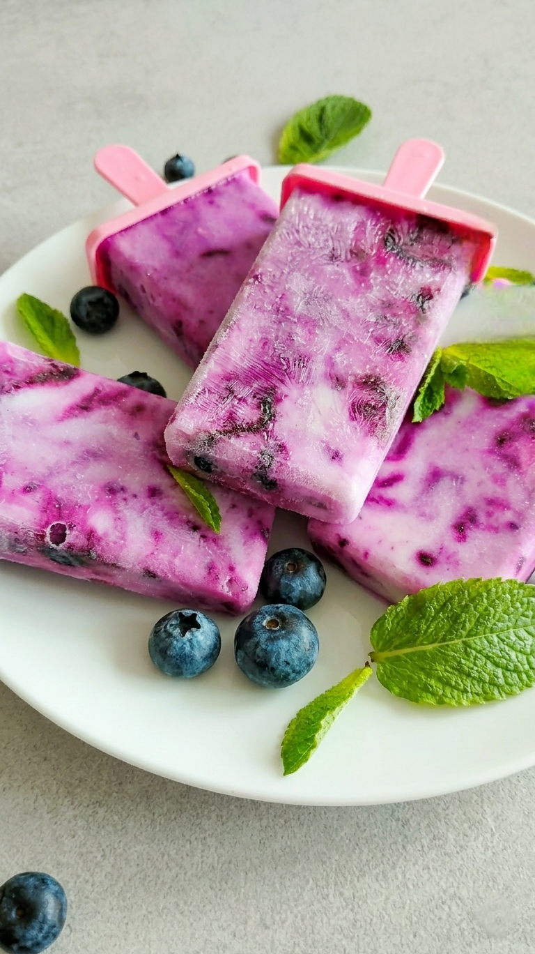 Selbstgemachtes Joghurt-Eis am Stiel mit Heidelbeeren.