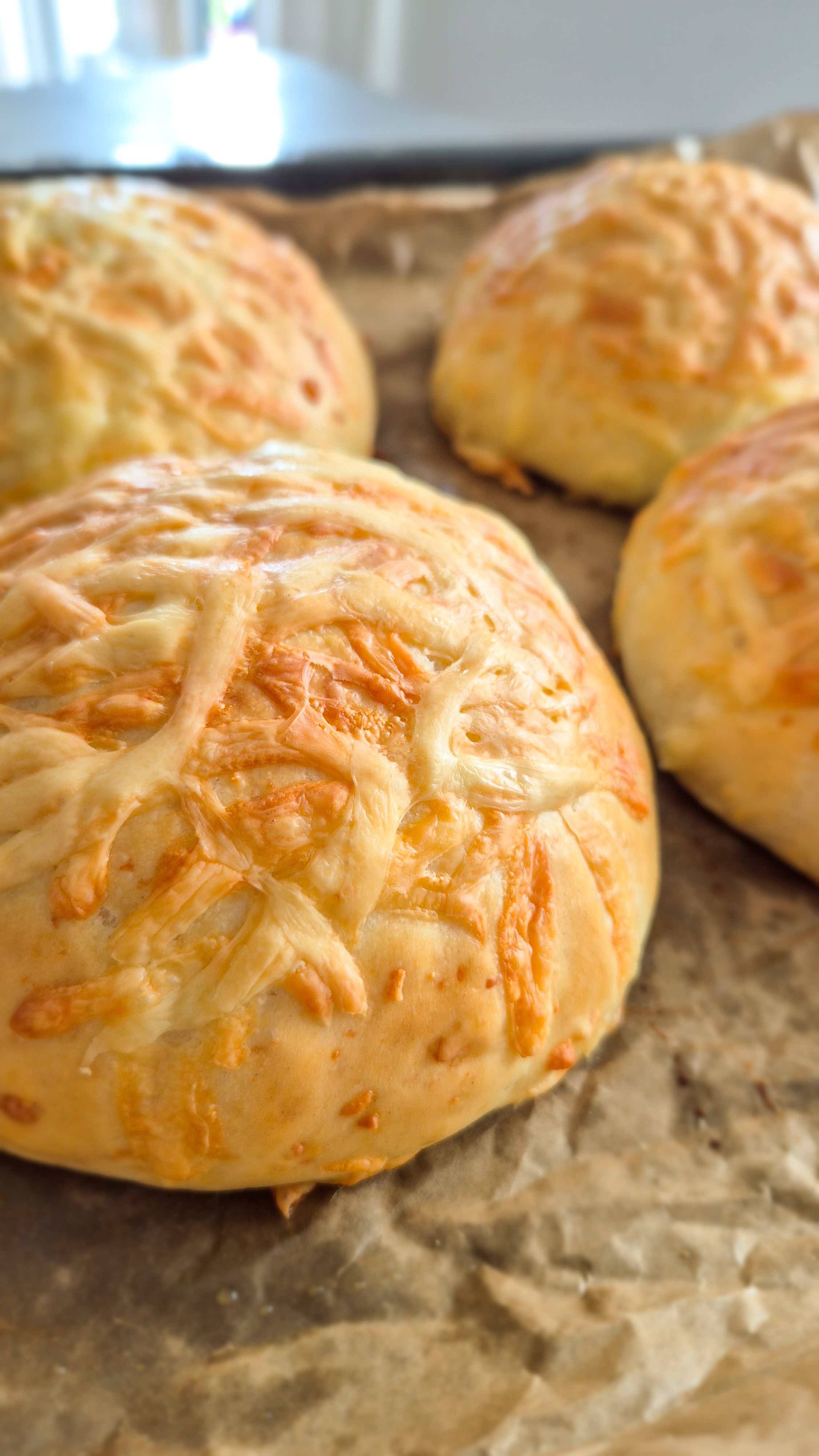 Selbstgebackene weiche Käsebrötchen frisch aus dem Ofen auf einem Blech.
