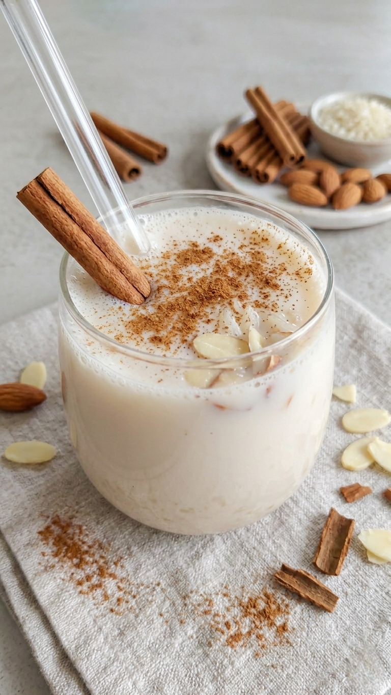 Ein Glas frische Horchata aus Reis und Zimt.