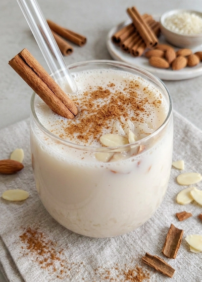 Ein Glas frische Horchata aus Reis und Zimt.