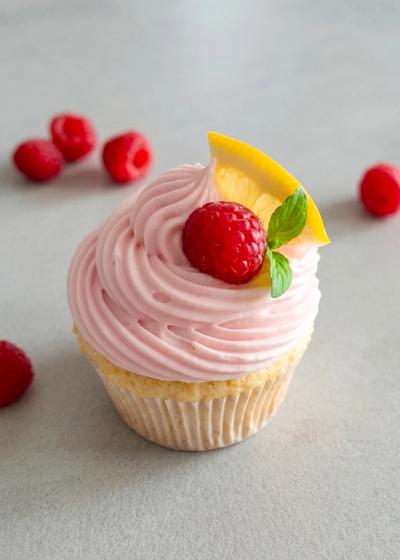 Fruchtiger Zitronen-Cupcake mit Himbeer-Frosting.