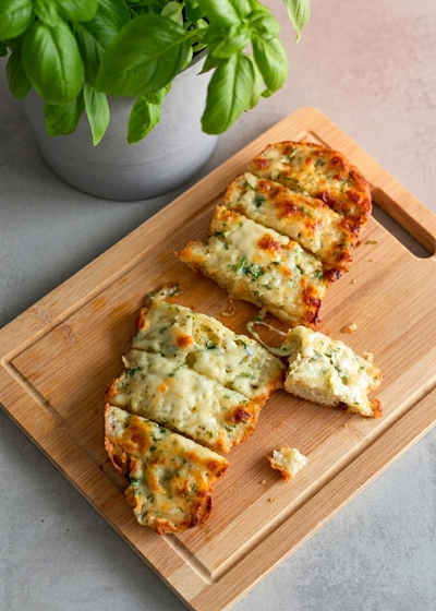 Ein halbes Baguette mit gerösteter Knoblauchbutter und Mozzarella auf einem Holzbrett.