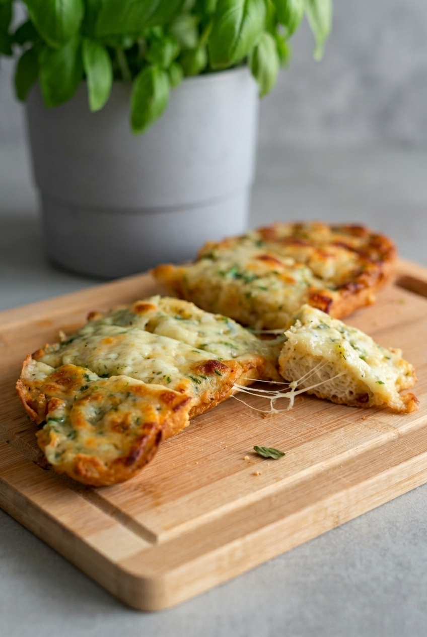 Ein halbes Baguette mit gerösteter Knoblauchbutter und Mozzarella auf einem Holzbrett.