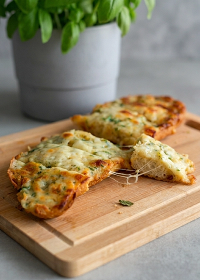 Ein halbes Baguette mit gerösteter Knoblauchbutter und Mozzarella auf einem Holzbrett.