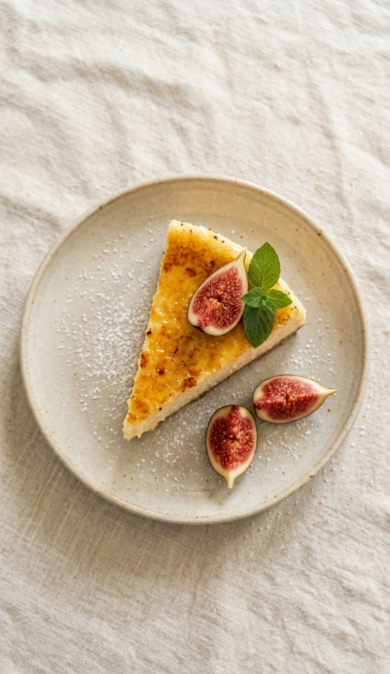 Ein Stück cremiger Crème Brûlée Cheesecake mit Feigen und Minze garniert.