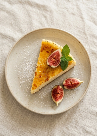 Ein Stück cremiger Crème Brûlée Cheesecake mit Feigen und Minze garniert.