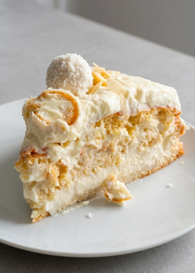 Cremige Raffaello-Torte auf einem Teller