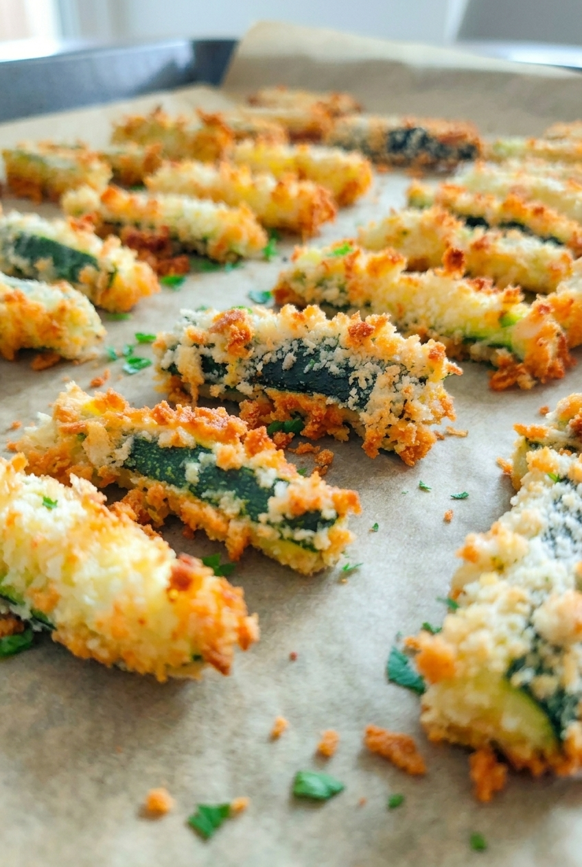Knusprige Zucchini-Pommes mit Panko-Parmesan-Panade aus dem Ofen. 