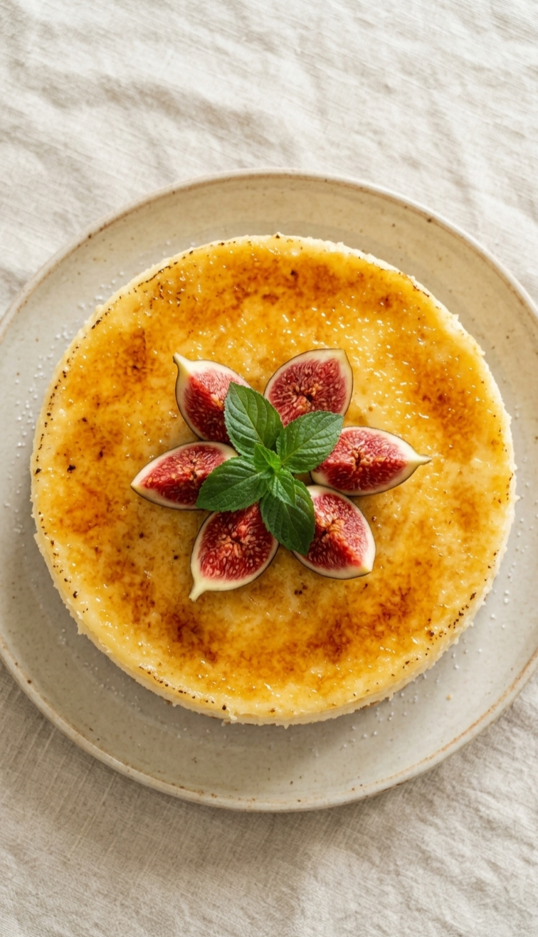 Cremiger Crème Brûlée Cheesecake mit Feigen und Minze garniert.