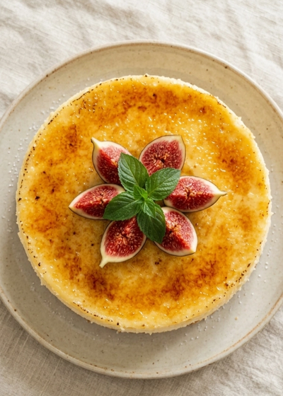 Cremiger Crème Brûlée Cheesecake mit Feigen und Minze garniert.