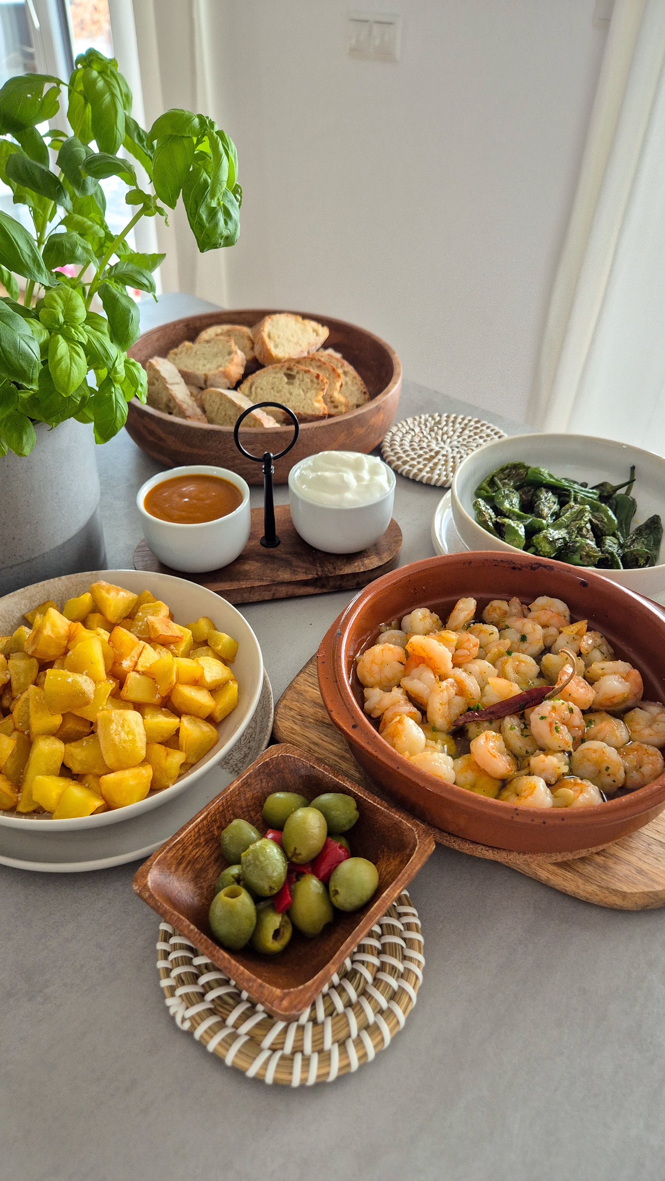 Tapas mit Baguette, Aioli, Pimentón de Padron, Gambas al Ajillo uvm
