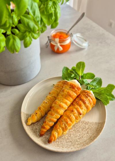 Knusprige Blätterteig-Karotten mit zwei Füllungen (süß und herzhaft) auf einem rustikalen Teller mit Hasenfrühstück.
