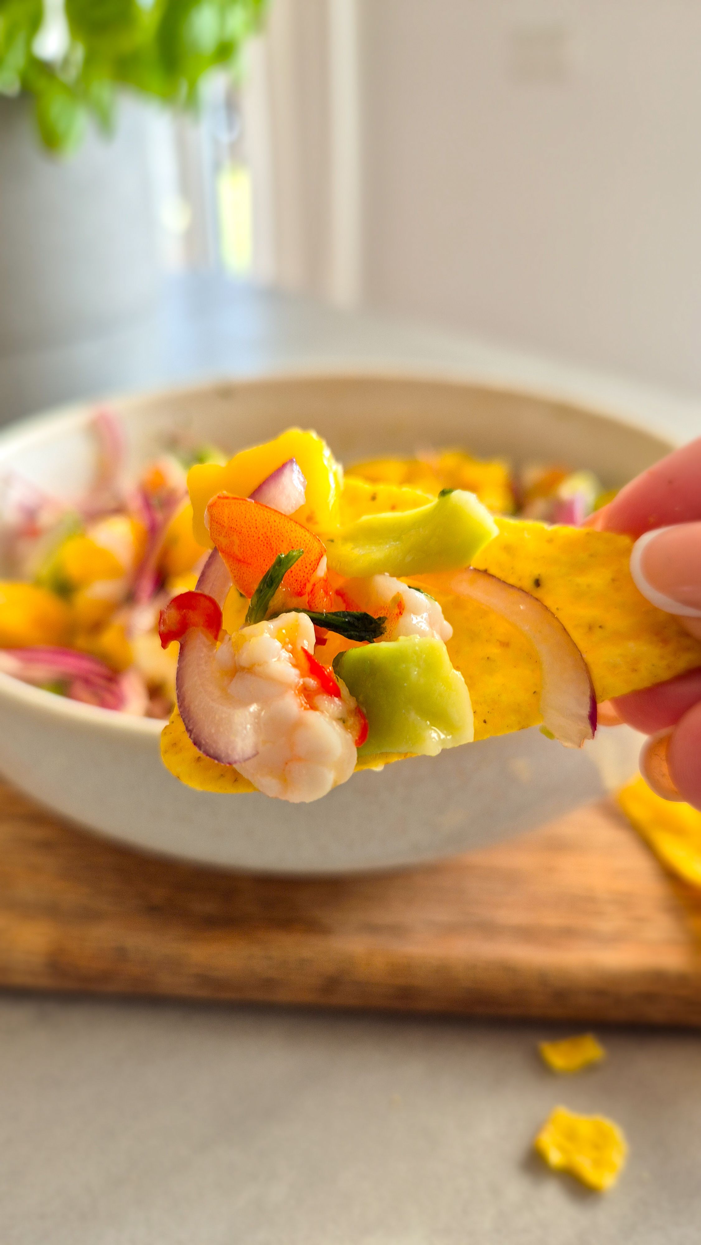 Servierfertiges Garnelen Ceviche mit Mango und Avocado auf einem Tortilla-Chip Nacho