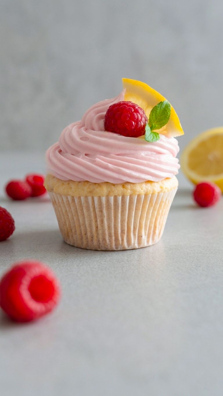 Fruchtiger Zitronen-Cupcake mit Himbeer-Frosting.
