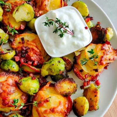 Knusprige Kartoffeltürmchen mit Rosenkohl und Speck