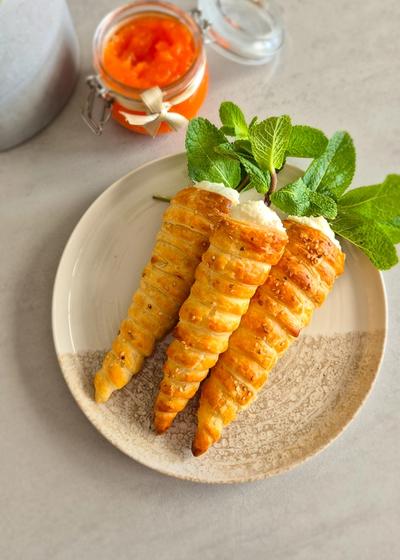 Knusprige Blätterteig-Karotten mit zwei Füllungen (süß und herzhaft) auf einem rustikalen Teller mit Hasenfrühstück.