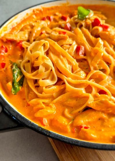 Hähnchenstreifen und Paprika in der Pfanne