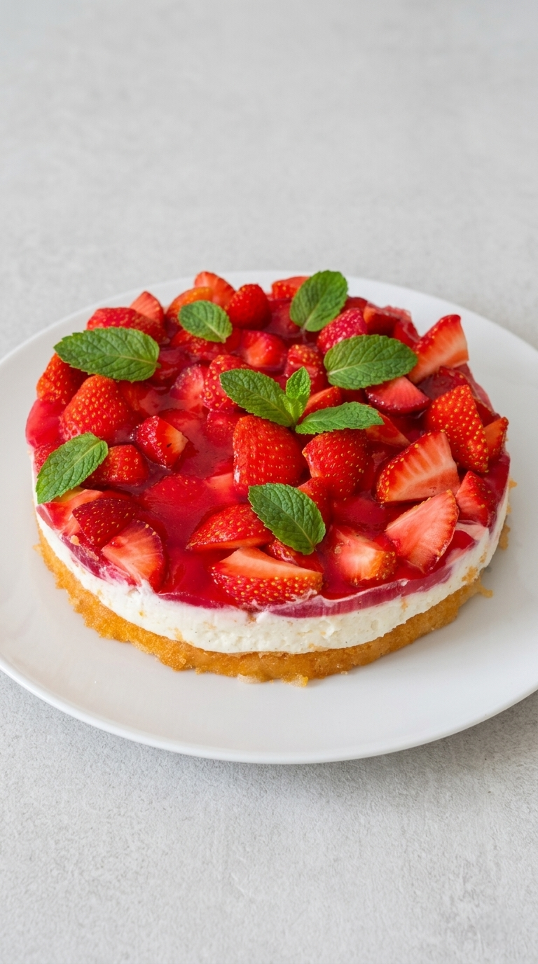 Fruchtiger Erdbeerkuchen mit Mascarpone-Creme und Minze auf einem Teller.