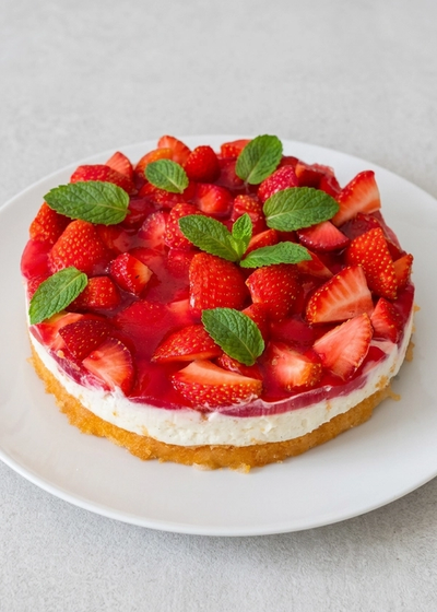Fruchtiger Erdbeerkuchen mit Mascarpone-Creme und Minze auf einem Teller.