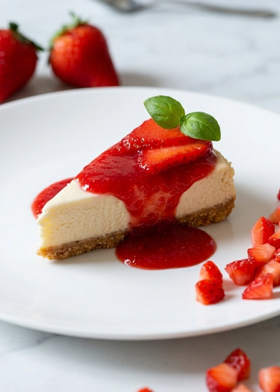 Ein Stück klassischer New York Cheesecake mit Erdbeersauce wie aus den USA.