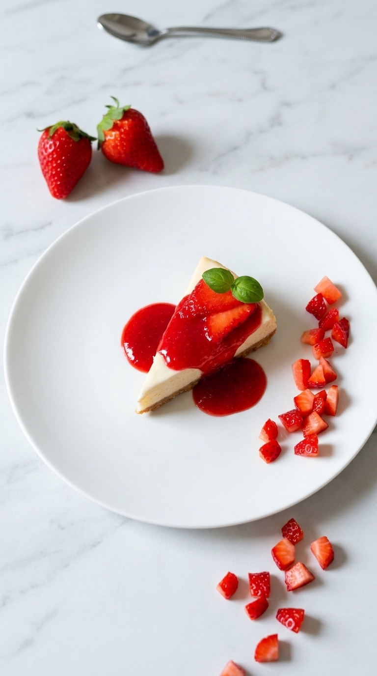 Ein Stück klassischer New York Cheesecake mit Erdbeersauce wie aus den USA.