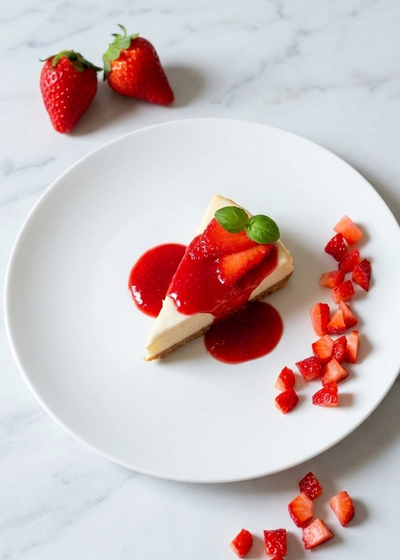 Ein Stück klassischer New York Cheesecake mit Erdbeersauce wie aus den USA.