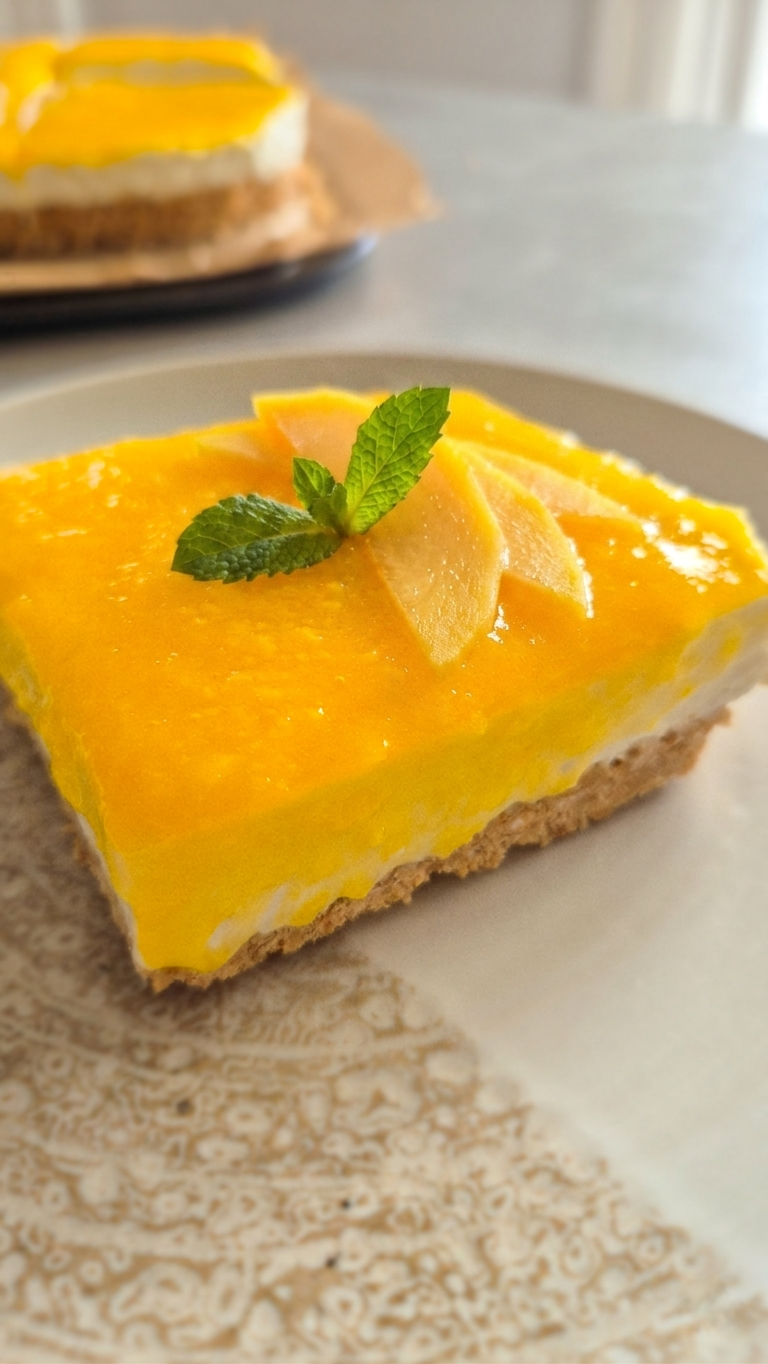 Schnelles No Bake Schichtdessert mit Mangotopping und frischkäse-Quark-Creme. 